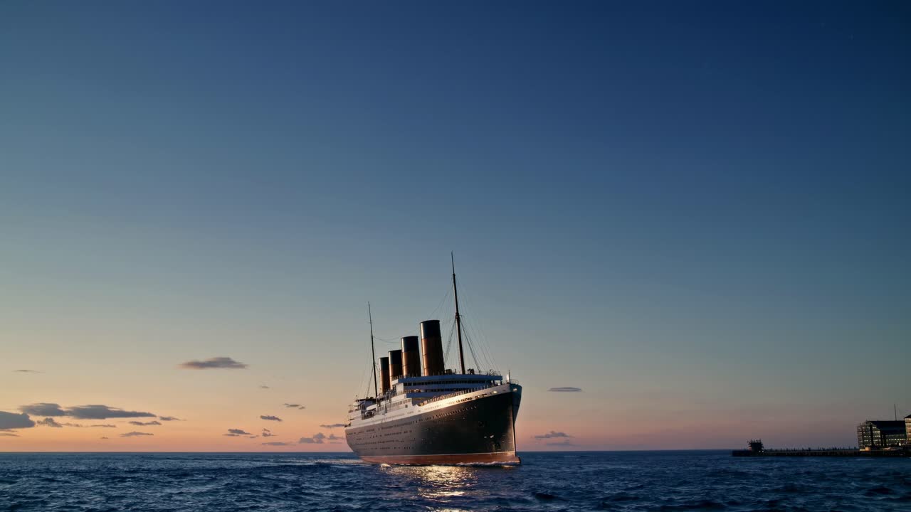 A majestic ship sails toward the horizon at sunset, captured from a low-angle, cinematic style