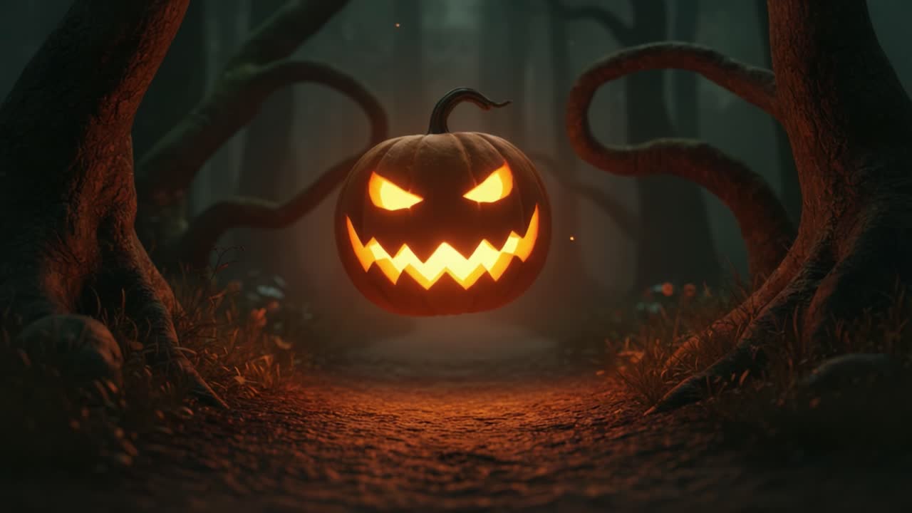 A Spooky Journey Through the Enchanted Forest Featuring a Glowing Jack-o'-Lantern Surrounded by Twisting Roots and an Eerie Atmosphere Perfect for Halloween