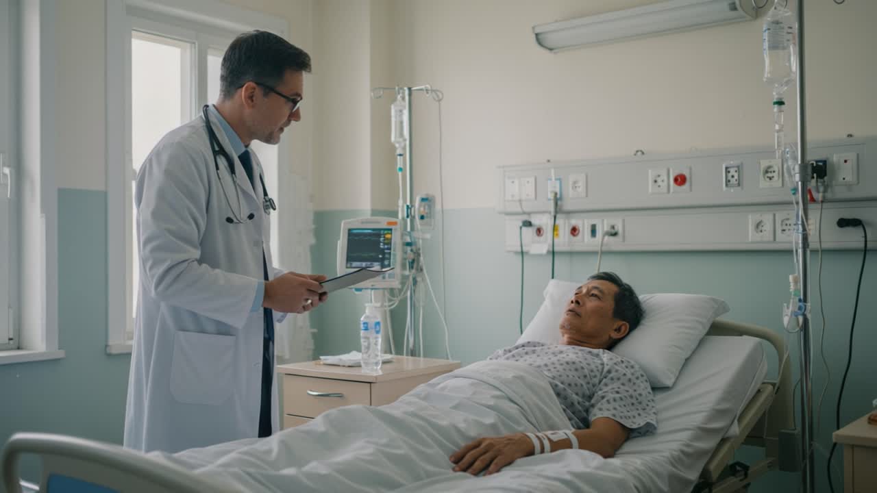 In a hospital room, a doctor wearing a lab coat engages with a male patient who is resting on the bed. The patient appears attentive while wrapped in a white blanket, with a medical identification bracelet on his wrist. The doctor holds a tablet, discussing important information regarding the patien