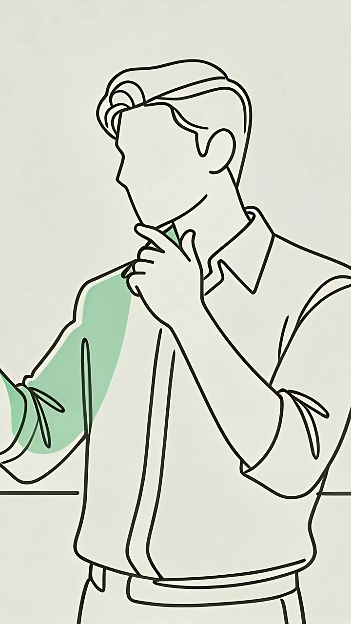 Video verticale: Accento verde che indica un uomo stilizzato che gira la testa tenendosi il mento su una sporgenza, camicia e cintura