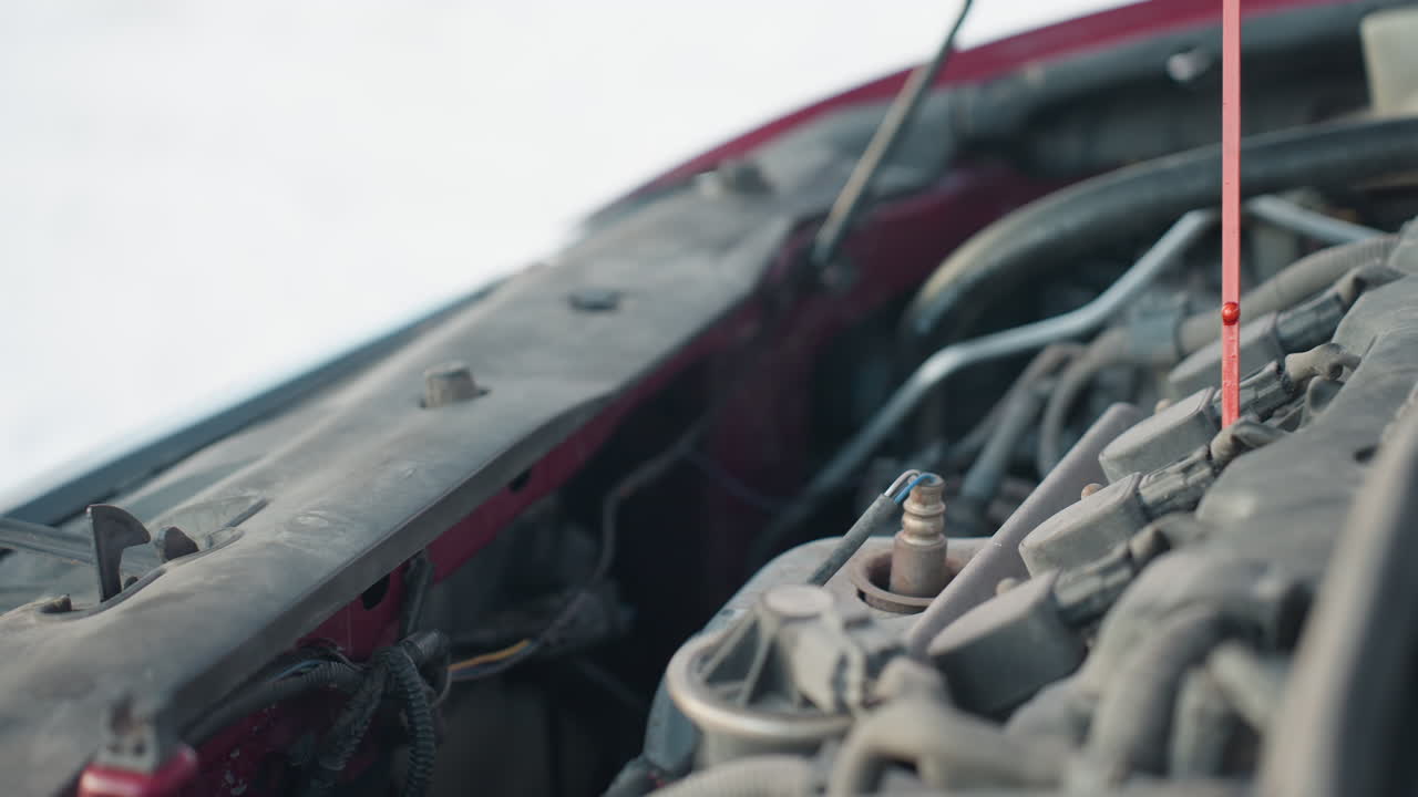 Close up of exposed car engine with red dipstick pulled out for oil level check during winter vehicle maintenance, snowy background visible