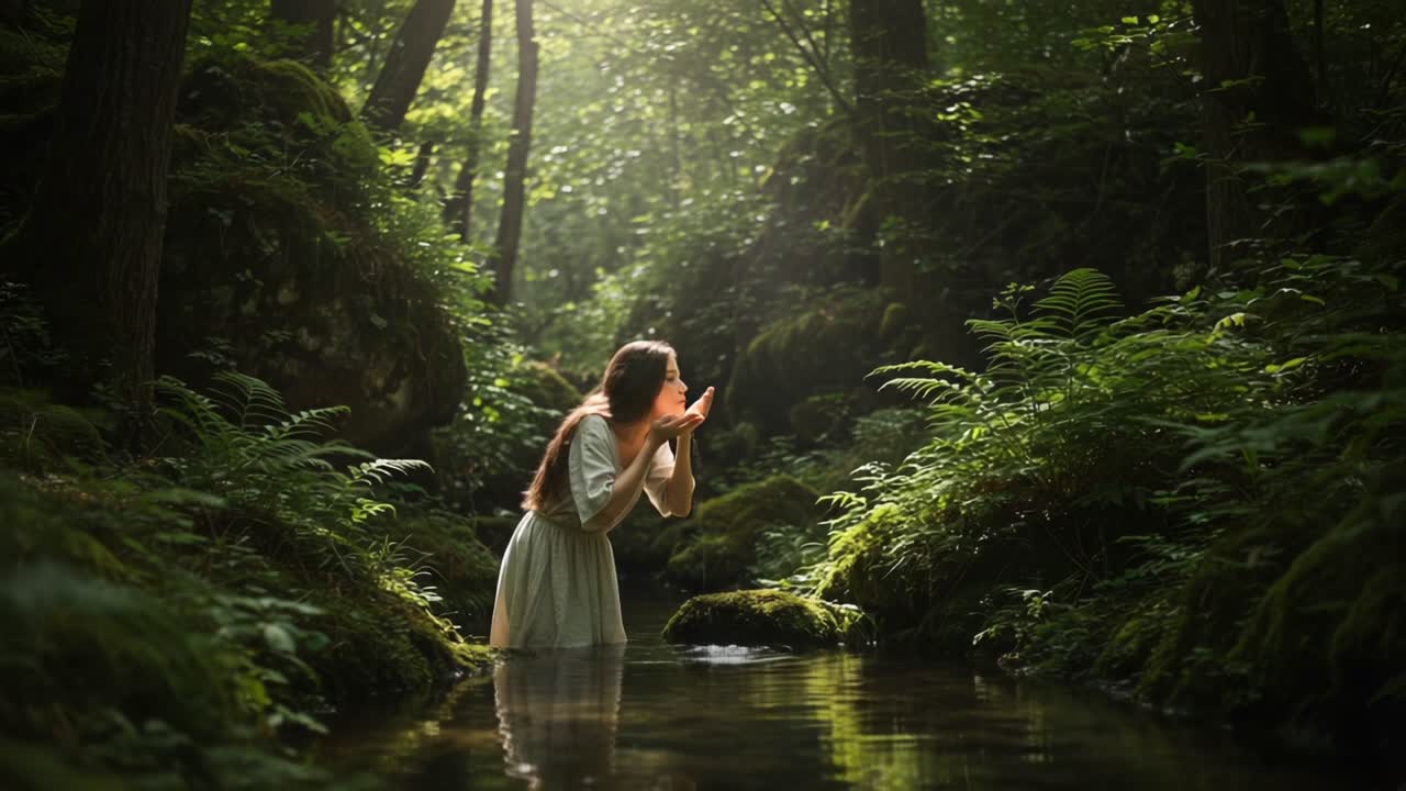 A serene moment of connection with nature as a woman stands in a tranquil forest stream, embracing the beauty of the surrounding lush greenery and soft sunlight