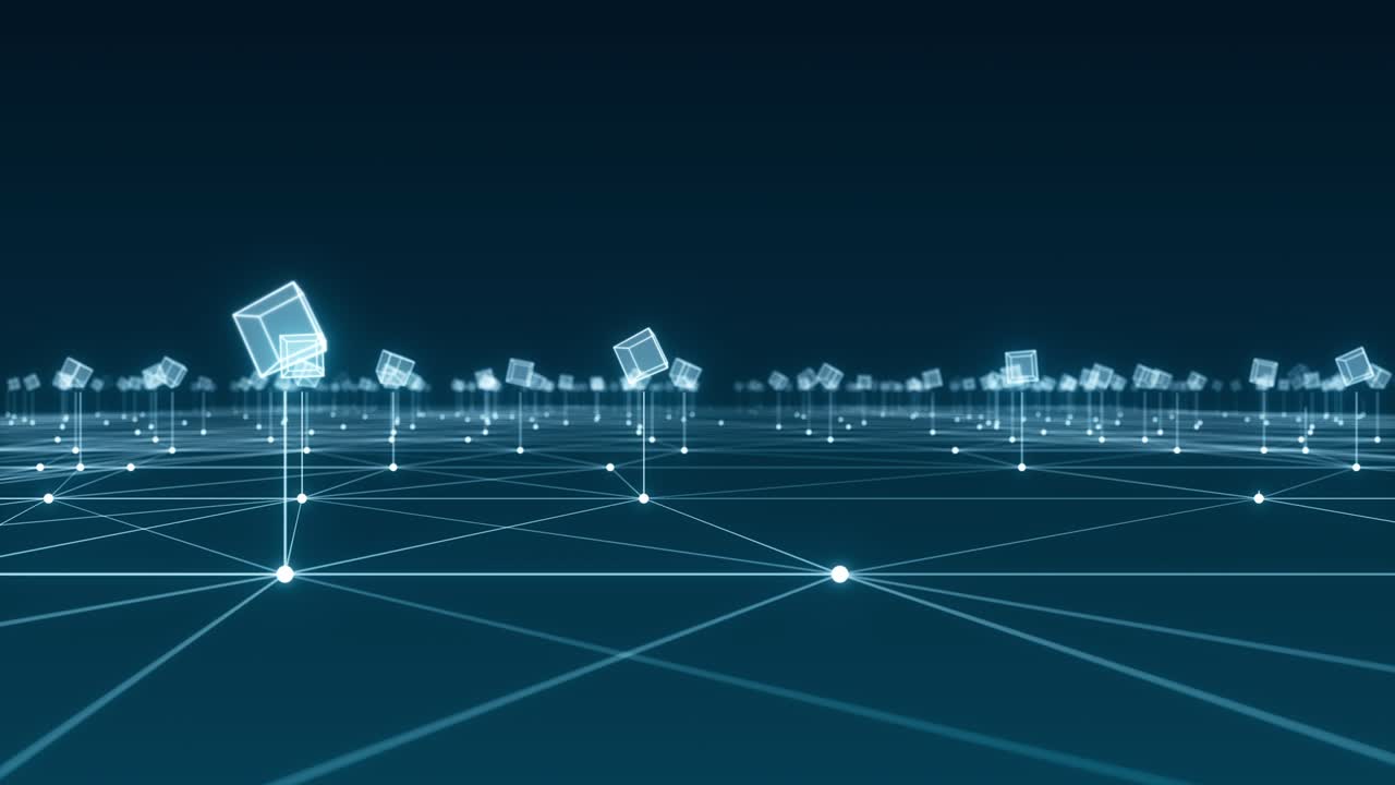 gráfico de movimiento del cubo futurista azul con conexión a la red meta verso concepto de fondo abstracto video de bucle sin costuras