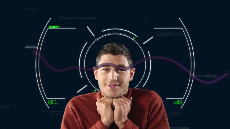 Animation of scope and data processing over caucasian businessman