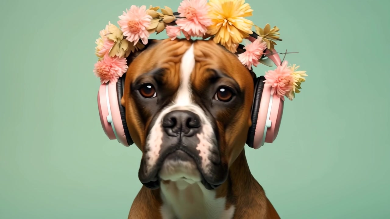 Adorabile cane Boxer con cuffie rosa e una corona di fiori