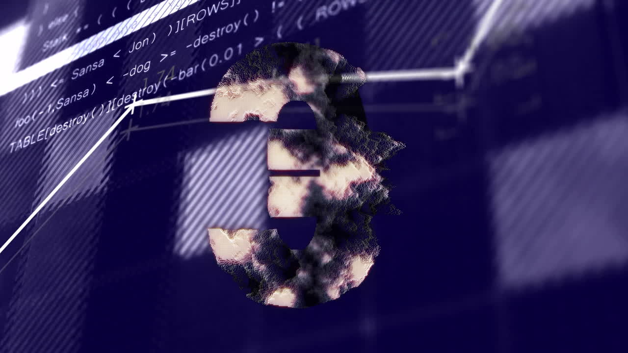 Number three with glitch effect animation over computer code background