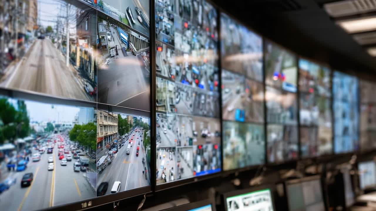 ハイテク監視室で、複数の交通カメラの映像が都市の道路や路面状況をリアルタイムで表示し、安全管理のために監視している。