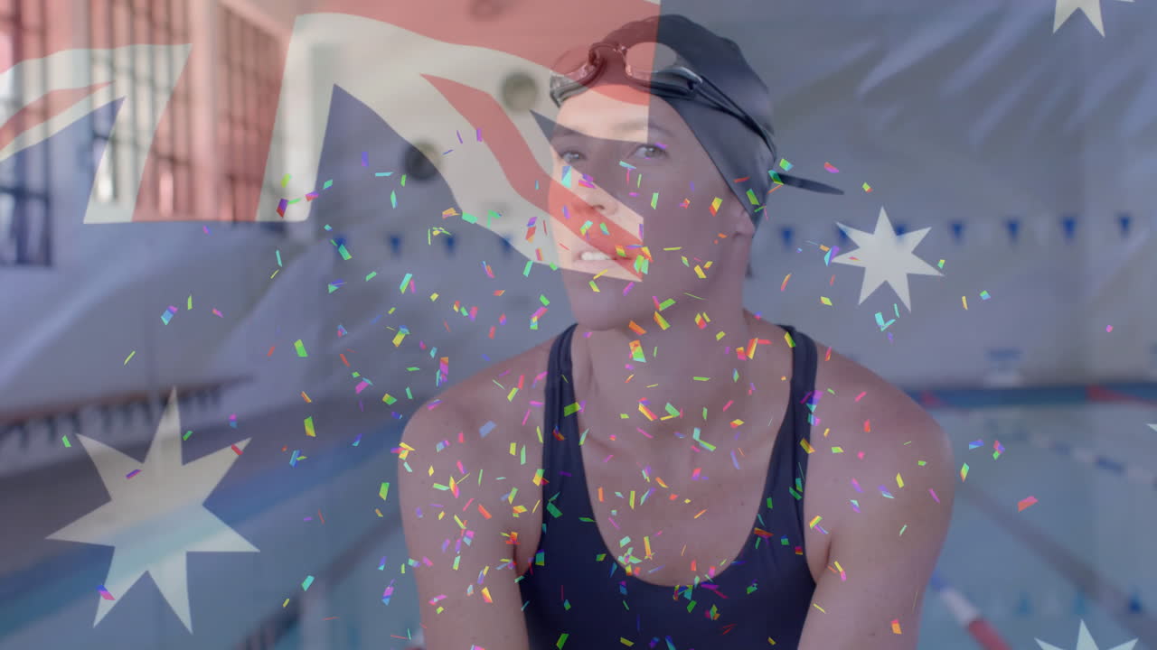 카우카스 여성 수영 선수와 오스트레일리아의 발 위에 콘페티의 애니메이션