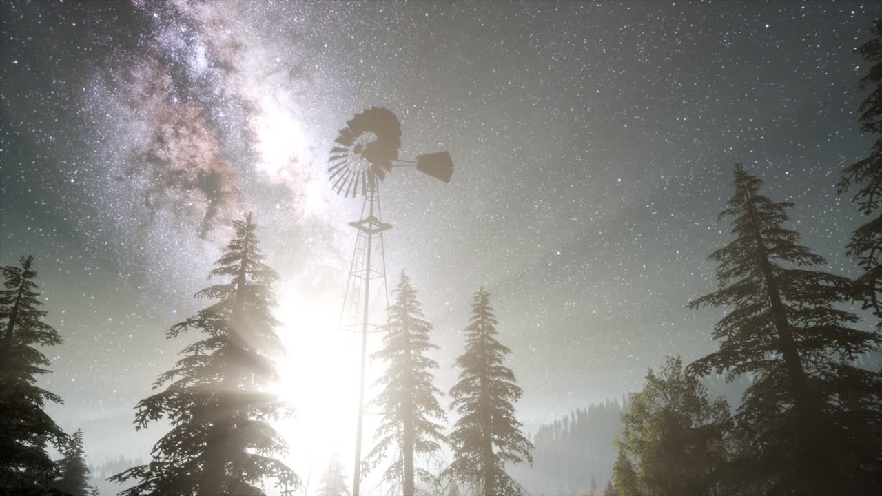 산악 숲 에 있는 레트로 풍차