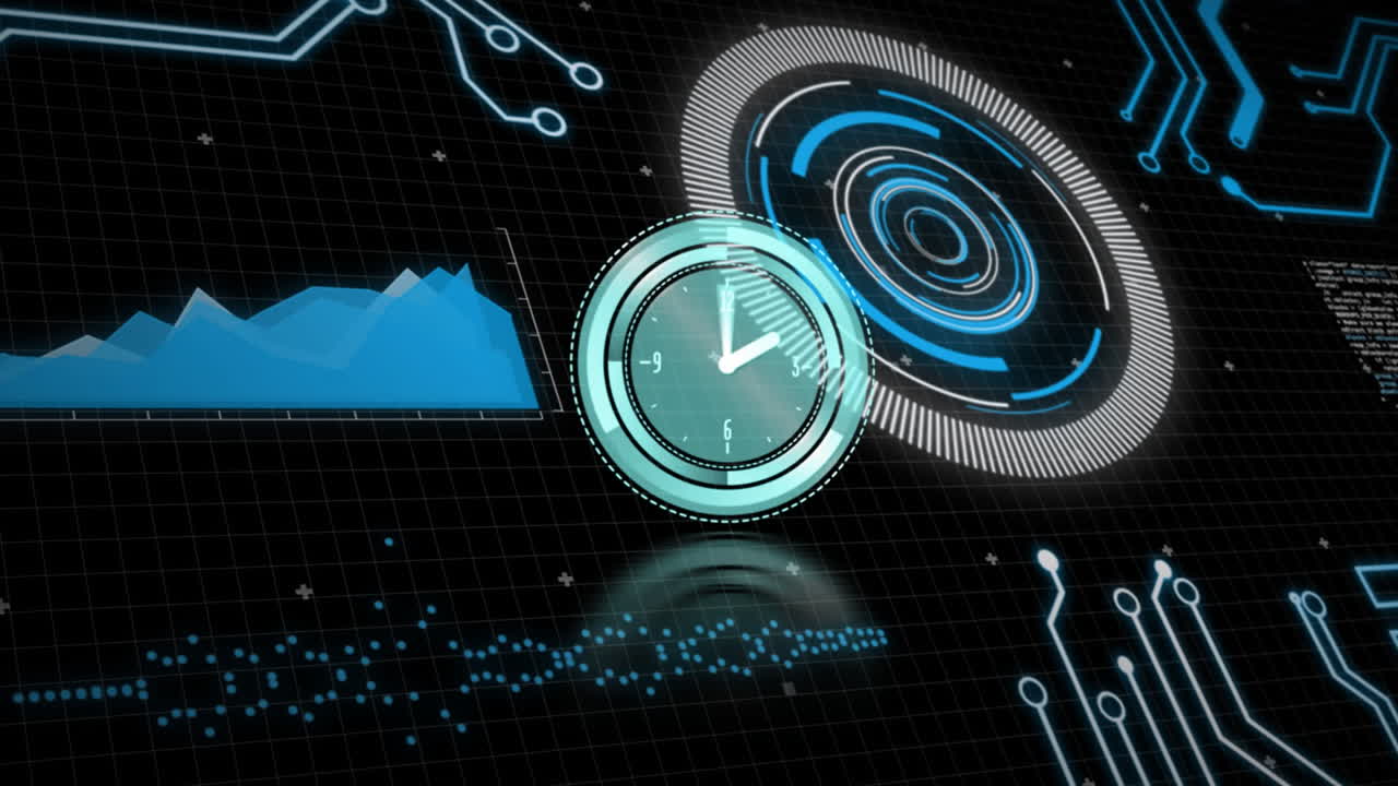 Animation of futuristic digital interface with clock, graphs, and circular patterns