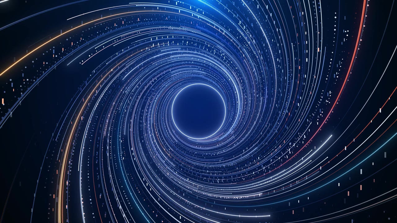 Blue spiral light vortex with orbiting white lines dark center hole and galaxy tunnel motion perfect