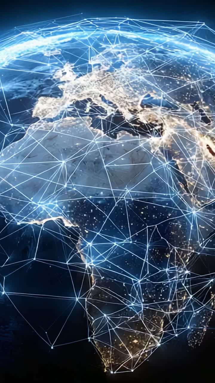 Visual Representation of a Connected World: A Stunning Glimpse of Earth's Diverse Continents and Global Networks Illuminated Against a Dark Background