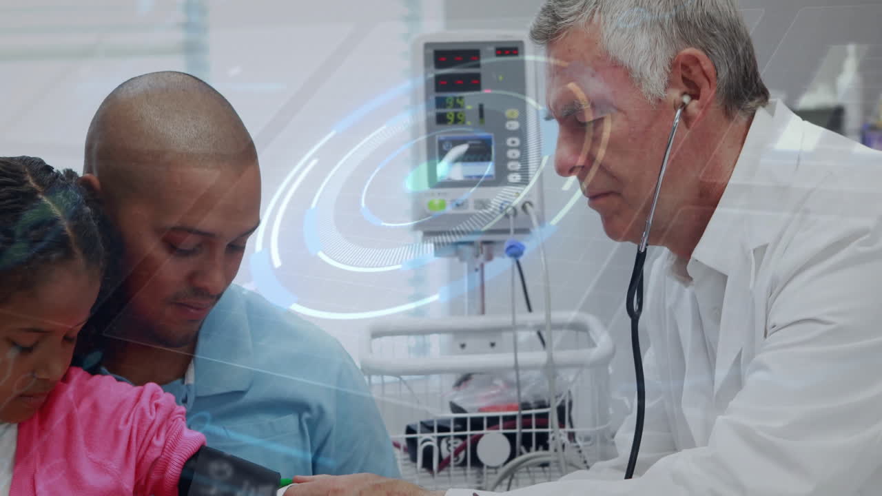 Examining patient, doctor with futuristic data overlay in medical setting