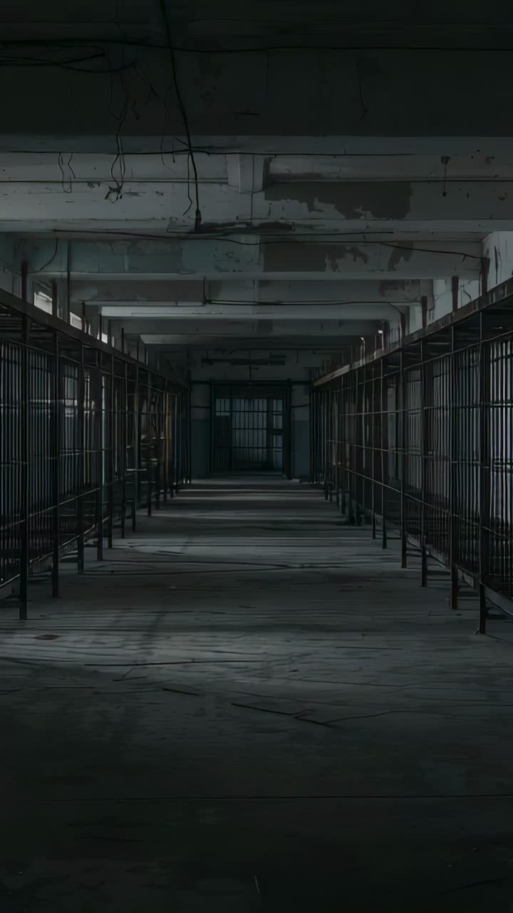 Vertical video: Holding camera still, corridor in storage showing bars and light play, evoking calm