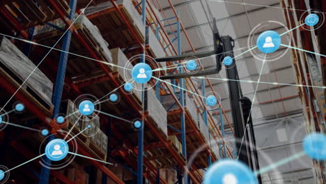 animation of network of media and data icons over forklift truck and shelves at goods warehouse