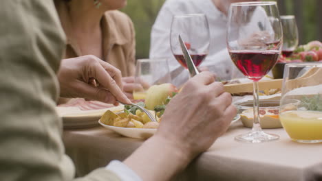 woman hand cutting a potatoe from a plate with vegetables during an outdoor party in the park