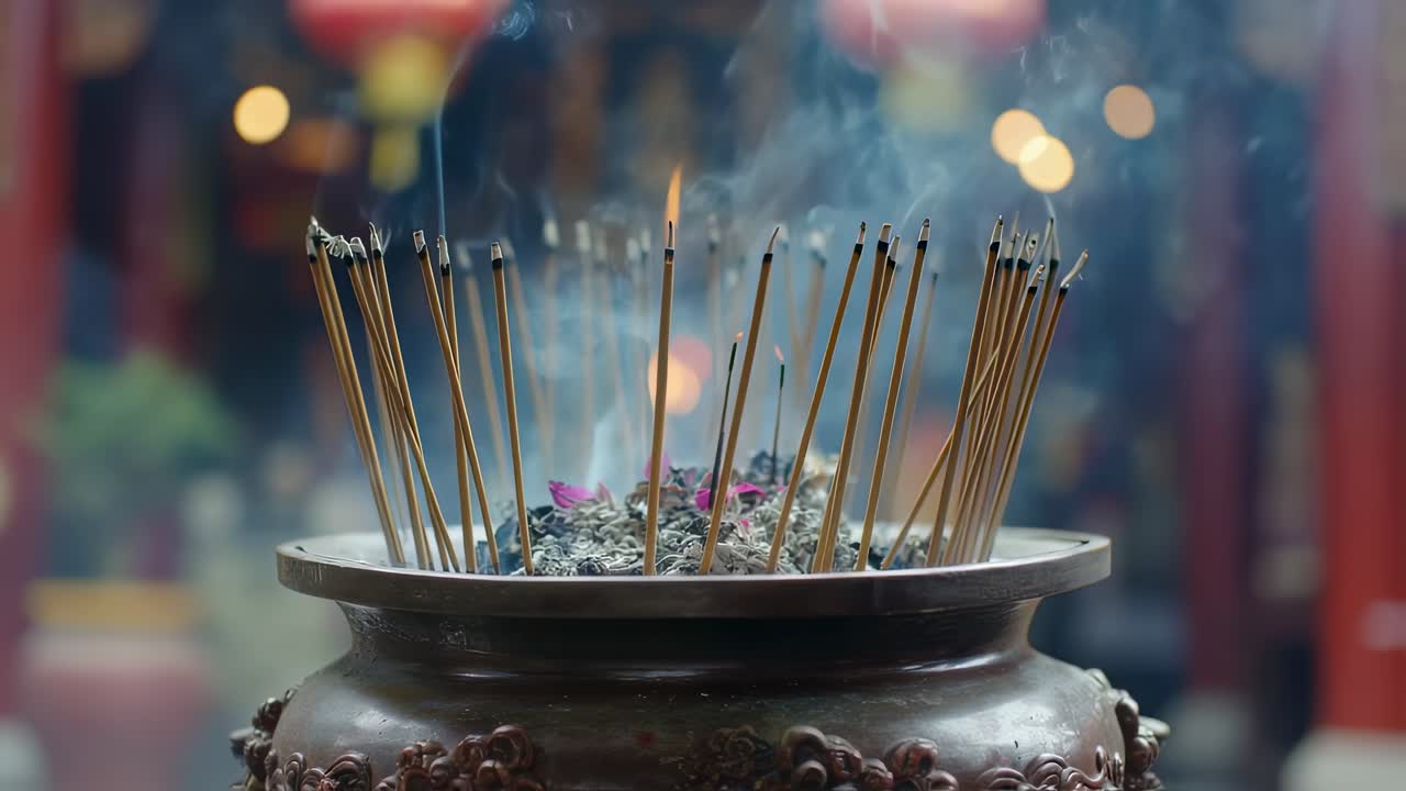 Fragrant smoke rising from bronze censer, tendrils curling upward during spiritual ritual, creating serene meditative atmosphere with traditional religious symbolism