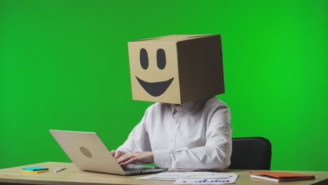 person with cardboard box head working on laptop
