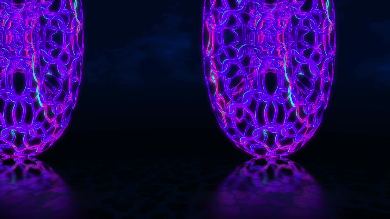 thor es una figura. animación abstracta de neón, tubos brillantes, láseres y líneas entrelazadas en un toroide. moviéndose hacia adelante en un túnel oscuro con reflexión.