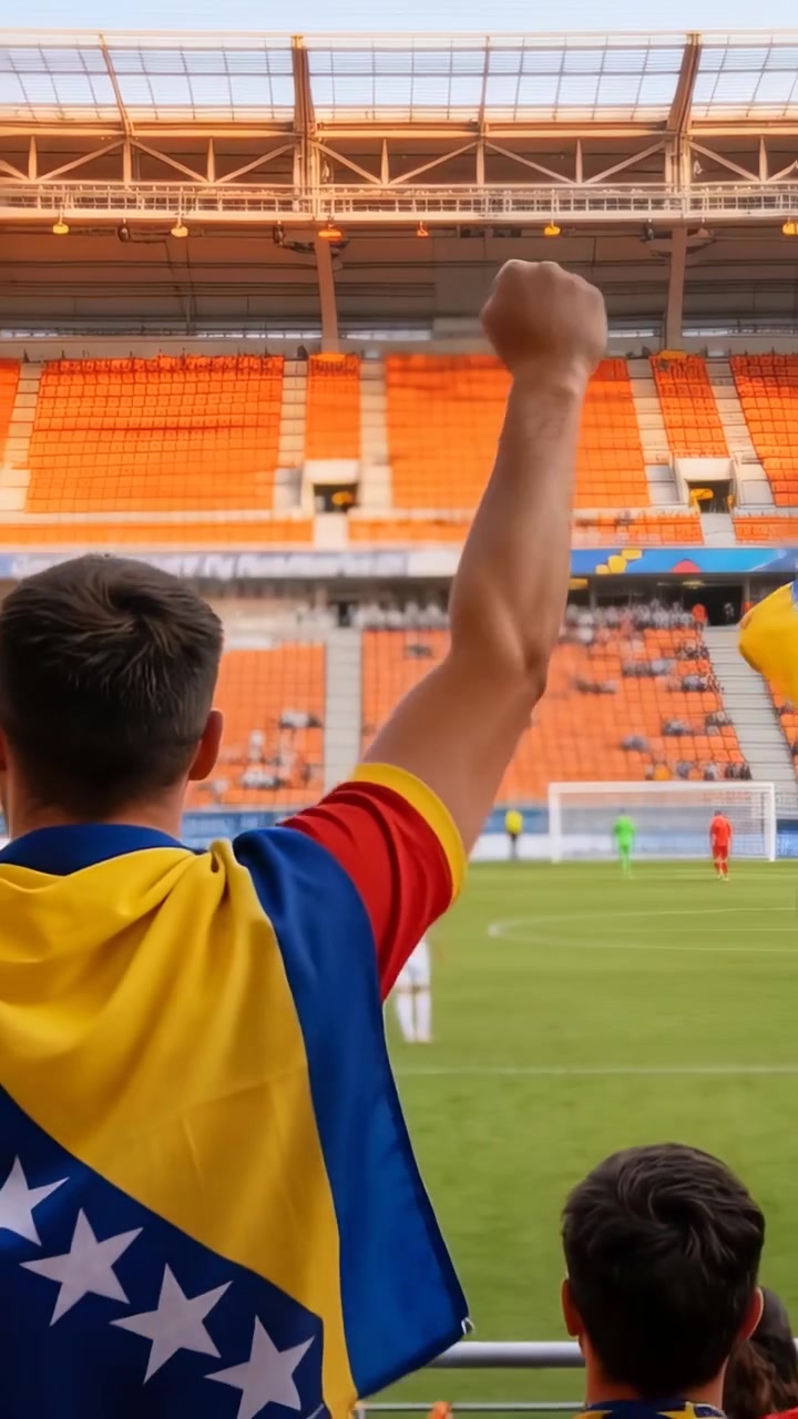 Video vertical: Aficionado animando con bandera, levantando el puño y adolescente ondeando una pequeña bandera en la barandilla cerca de la portería