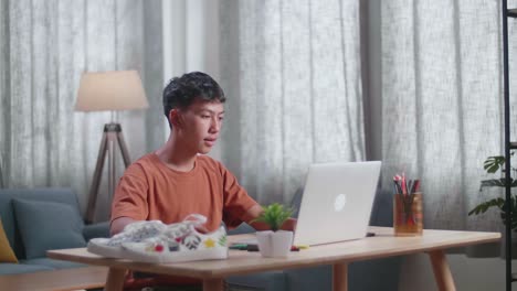 asian boy footwear designer designing on a laptop at home