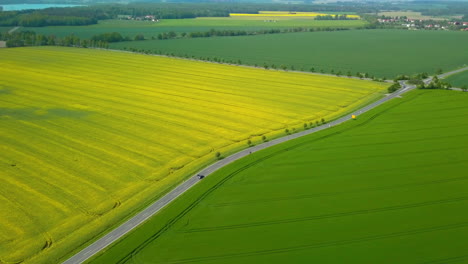 aerial view of crop fields with road and rotary traffic winding through it