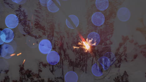 animación de centelleo, puntos de luz sobre un paisaje de invierno con abetos