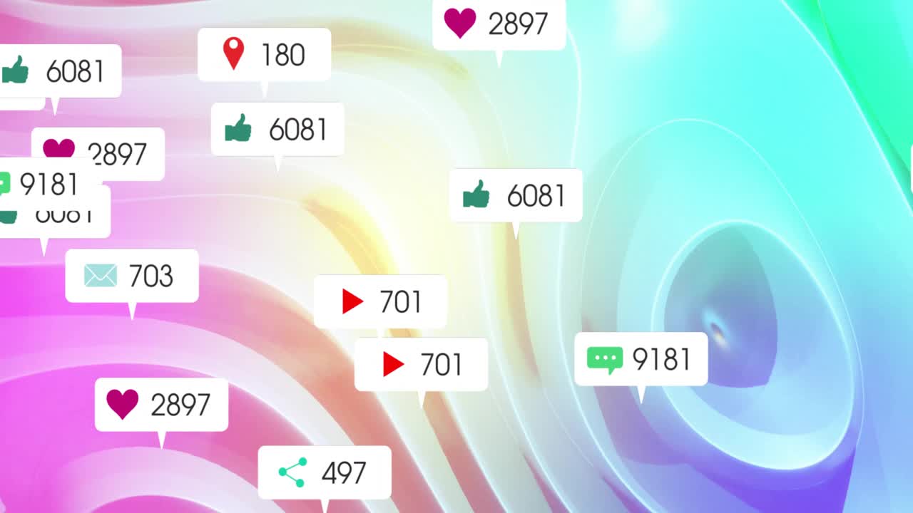Opening on pastel swirl social icons with counters fading clustering illustrating engagement growth