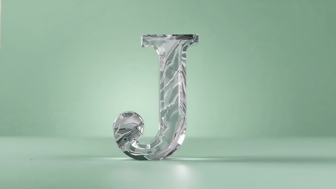 Reflecting studio lighting, 3D glass letter J shimmering revealing marble interior