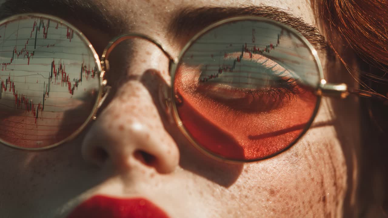 A Close-Up of a Person Wearing Round Sunglasses with Reflections of Stock Market Data, Symbolizing the Intersection of Fashion and Financial Insights