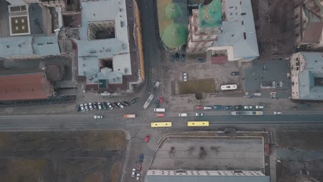 Aerial-Overhead-Car-traffic.-Rush-hour.-Old-City-Lviv,-Ukraine