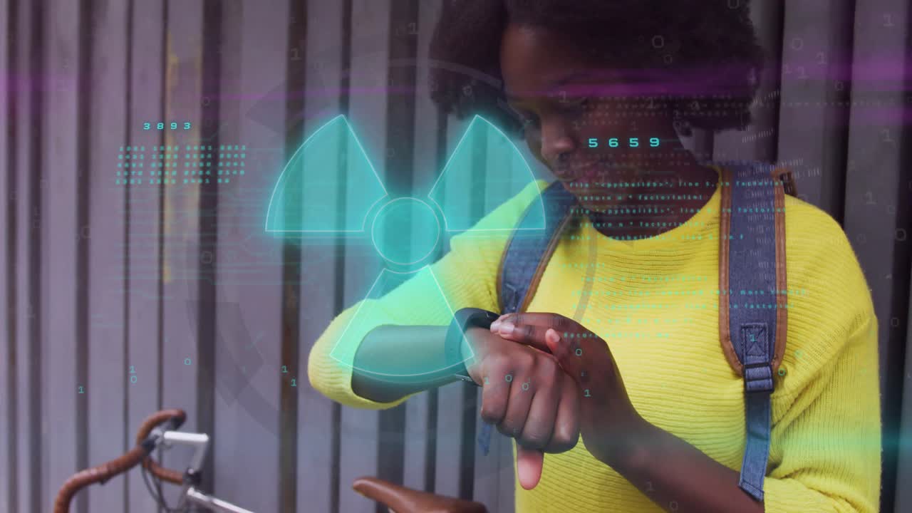 Woman tapping smartwatch next to bicycle and expanding teal HUD over wrist, showing fitness data