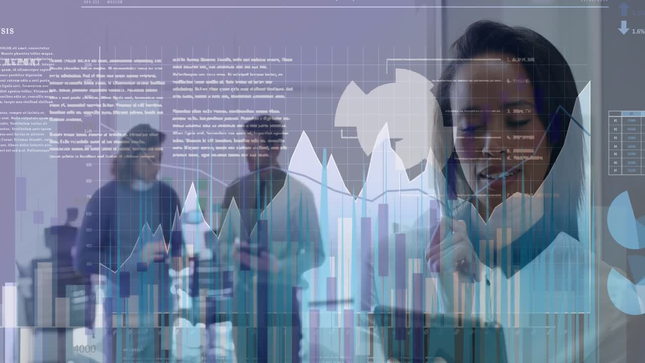 Animation of data processing over diverse business people in office