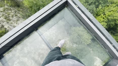 person walking on viewing platform with glass floor above cliff in nature