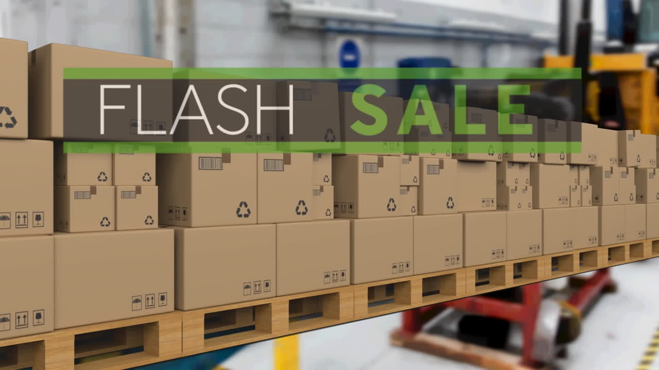 Animation of flash sale text over cardboard boxes on conveyor belt