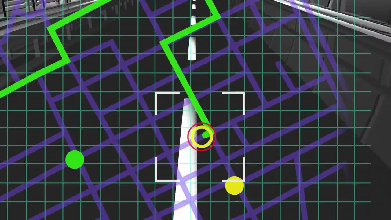 Scope over navigation map line scheme against road marking in background