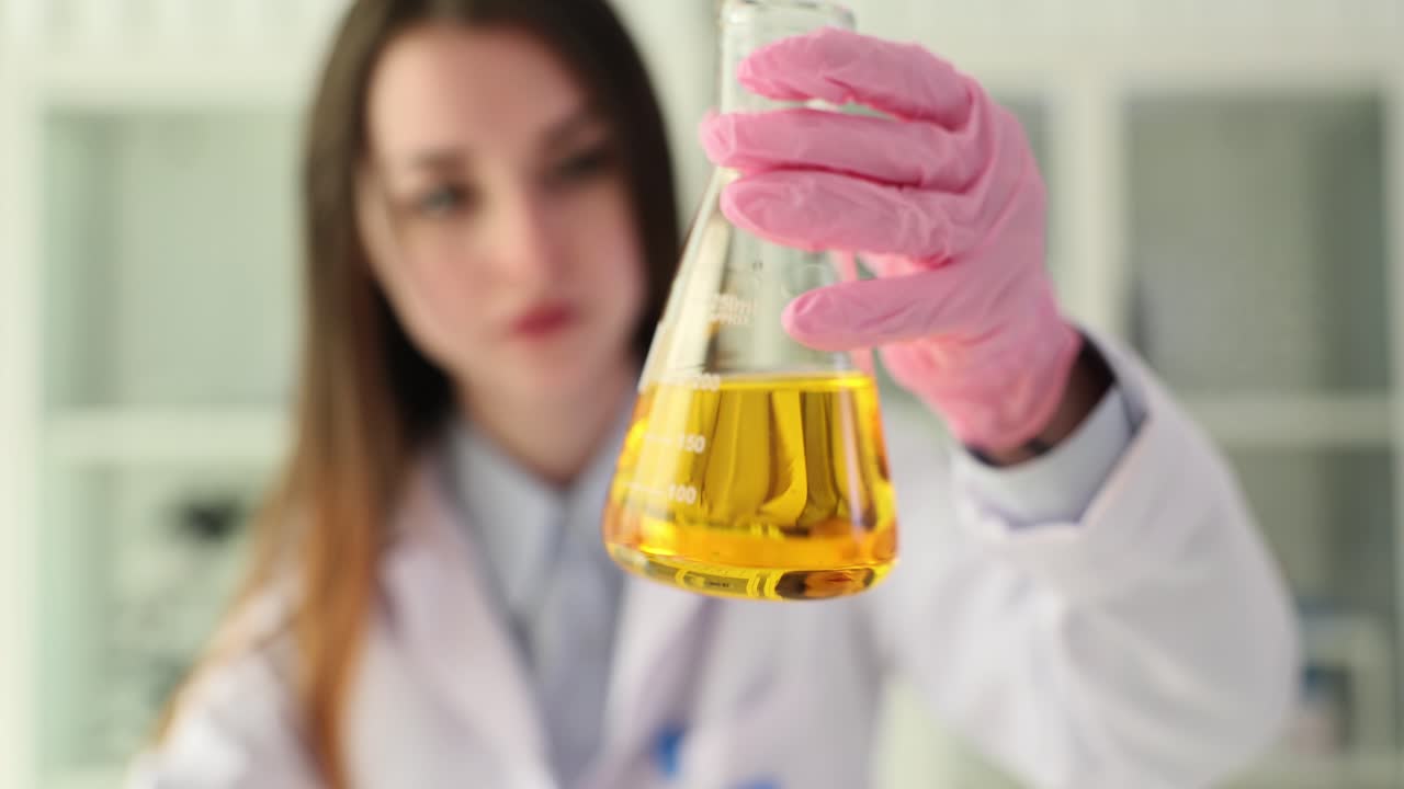 Scientist examining yellow liquid in flask