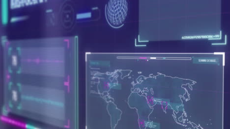 animation of interface with world map and data processing against blue background