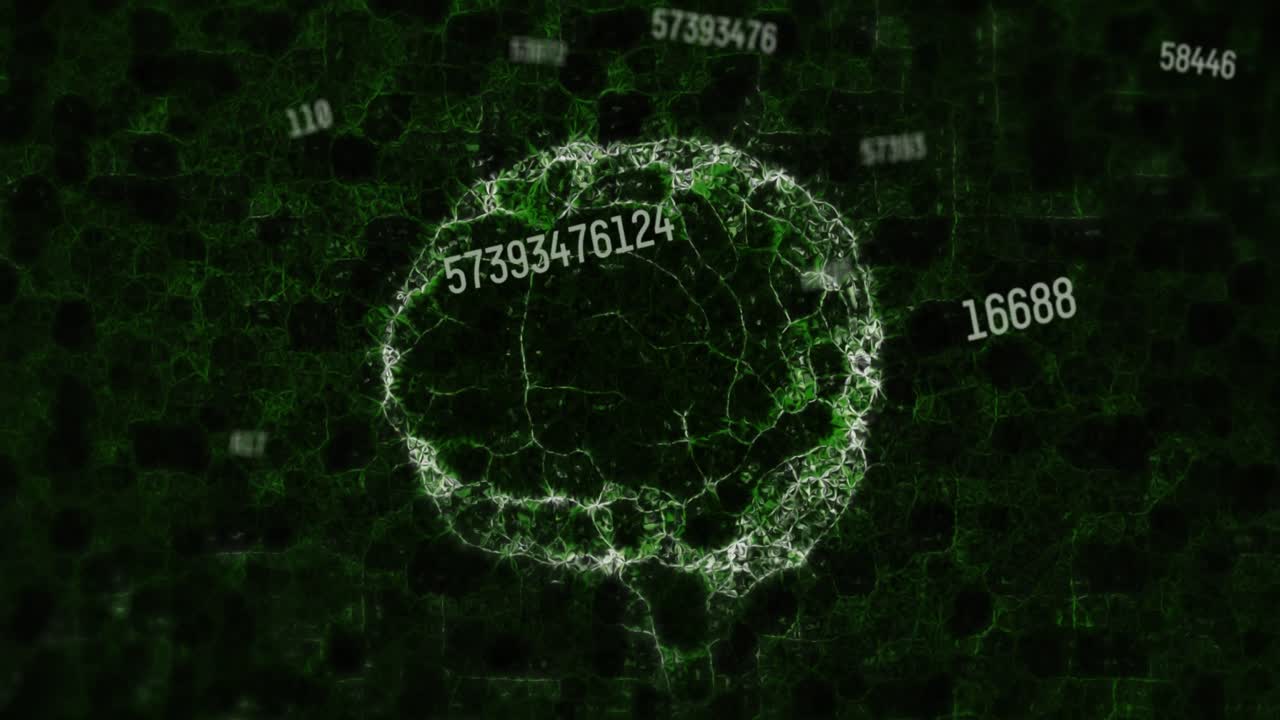 animación de números cambiantes flotantes sobre el modelo 3d del cerebro humano girando