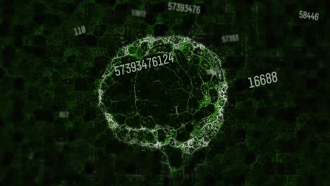 animation of floating changing numbers over 3d model of human brain spinning
