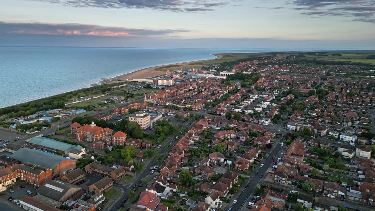 Aerial view of Skegness, a town with a vibrant nightlife and plenty of things to do, from arcades to the beach