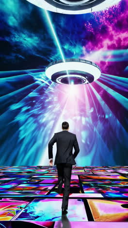 man entering a vibrant futuristic digital portal