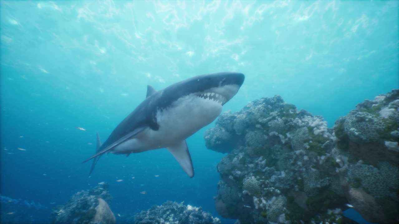 gran tiburón blanco en el arrecife de coral