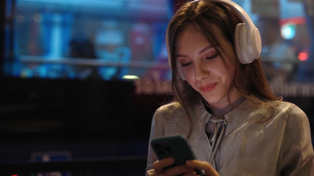 Giovane donna con le cuffie che sorride mentre usa lo smartphone