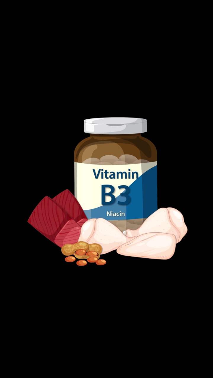 Botol Vitamin B3 muncul dengan ilustrasi makanan kaya niasin, transisi yang mulus, latar belakang gelap, format vertikal.