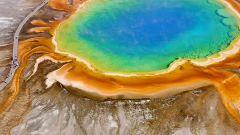 aerial 4k footage of grand prismatic spring in yellowstone national park, wyoming, usa