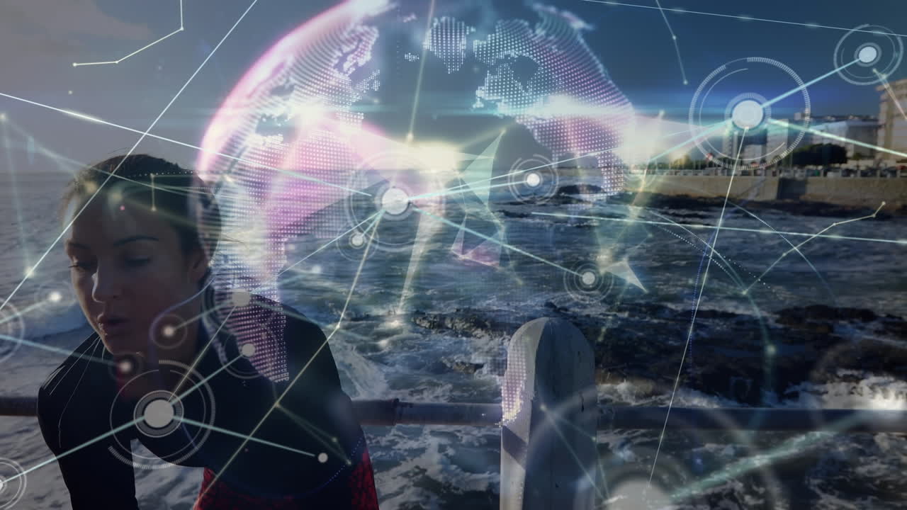 Animation of network lines connecting dots, globe, caucasian woman relaxing while running at beach