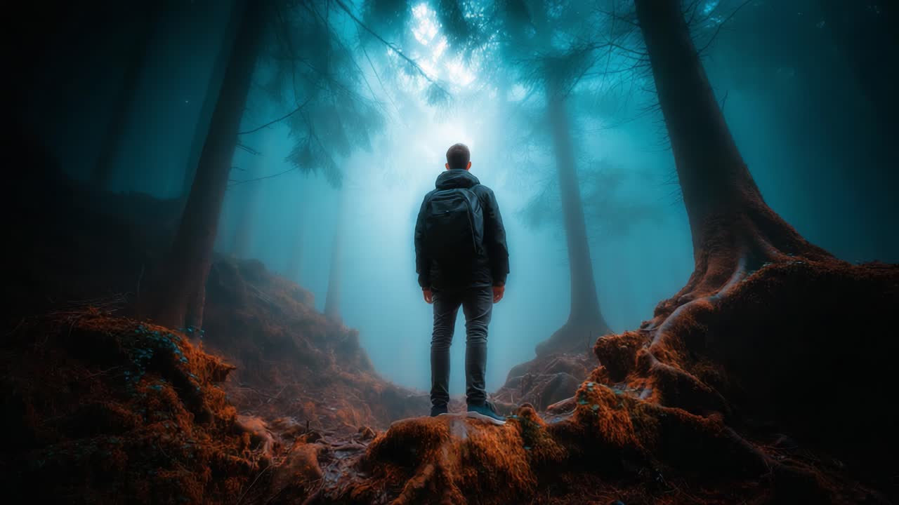 A solitary figure stands amidst a misty forest, surrounded by towering trees and enveloped in an ethereal blue atmosphere, evoking a sense of wonder and introspection