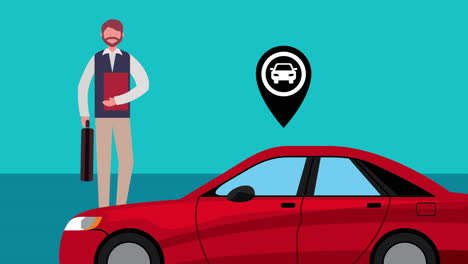 coche con hombre de negocios y ubicación de pin