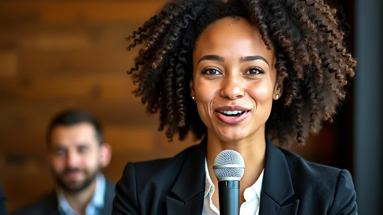 A woman holding a microphone in front of a man